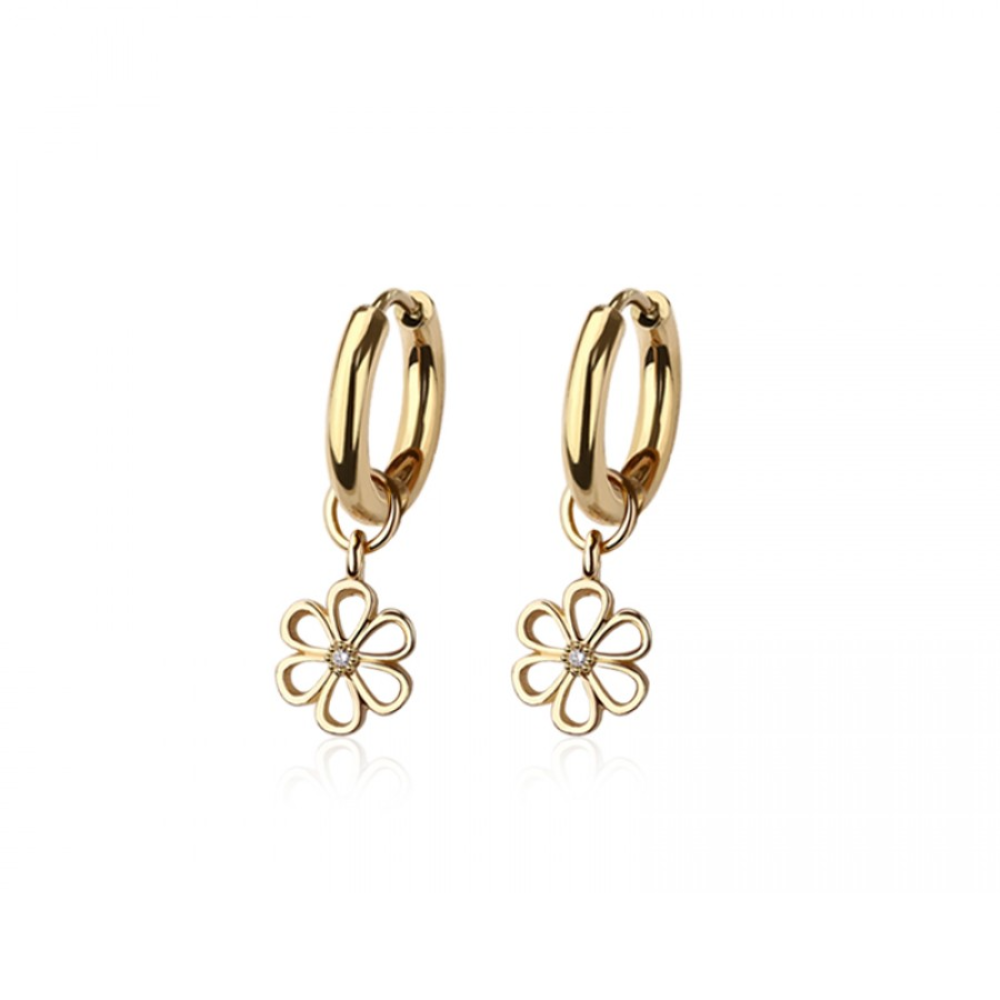 CZ Crystal Center Flower Outline Dangling Huggie Hoop Earrings - Pair - 316L Stainless Steel