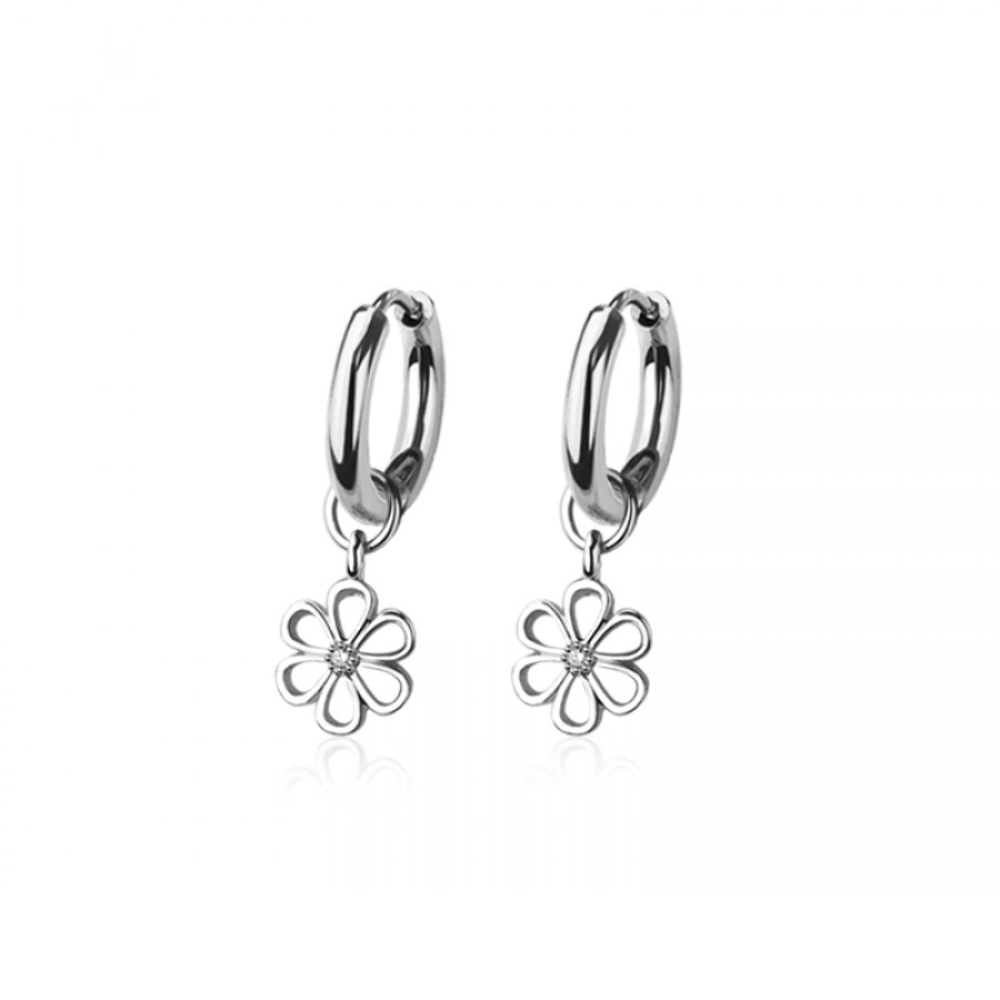 CZ Crystal Center Flower Outline Dangling Huggie Hoop Earrings - Pair - 316L Stainless Steel