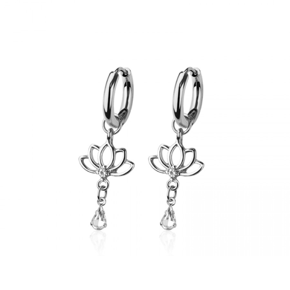 CZ Crystal Lotus Flower Dangling Huggie Hoop Earrings - Pair - 316L Stainless Steel
