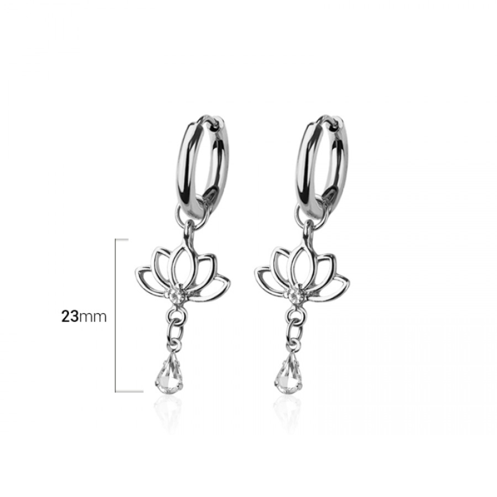 CZ Crystal Lotus Flower Dangling Huggie Hoop Earrings - Pair - 316L Stainless Steel