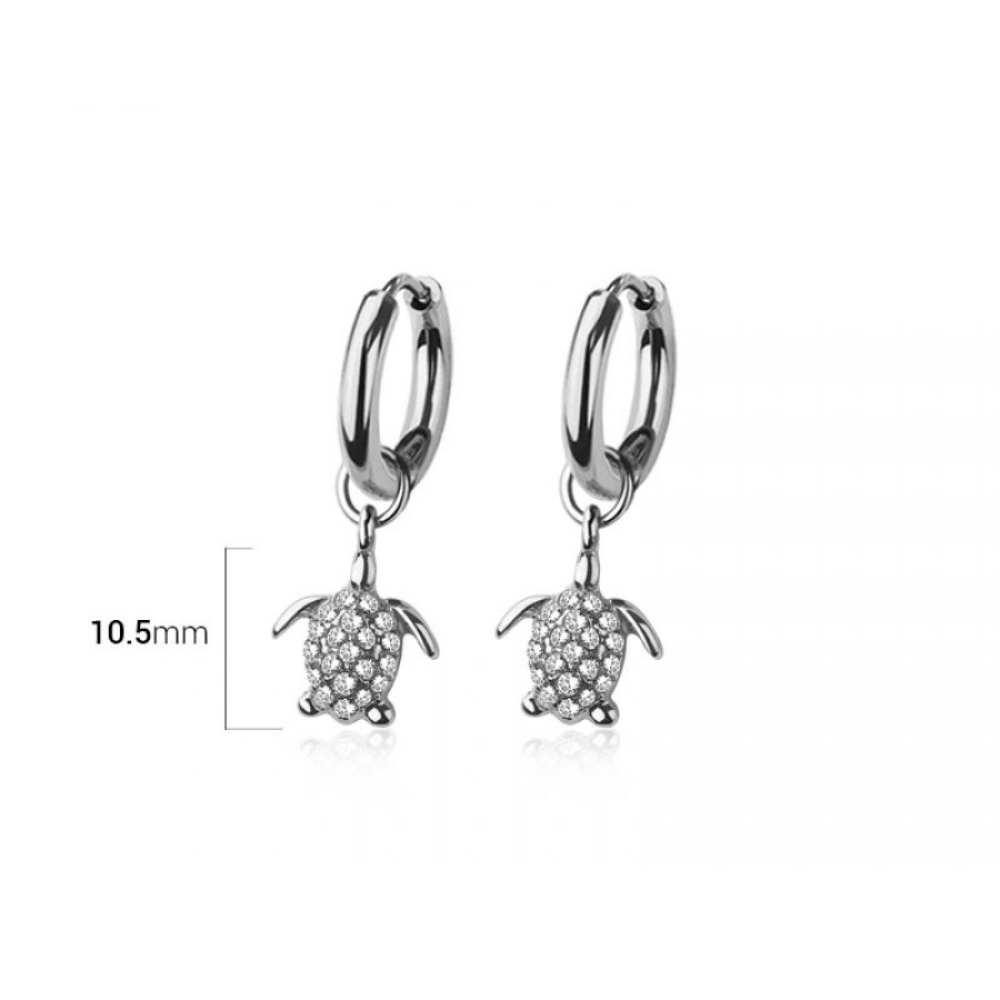 CZ Crystal Turtle Dangling Huggie Hoop Earrings - Pair - 316L Stainless Steel