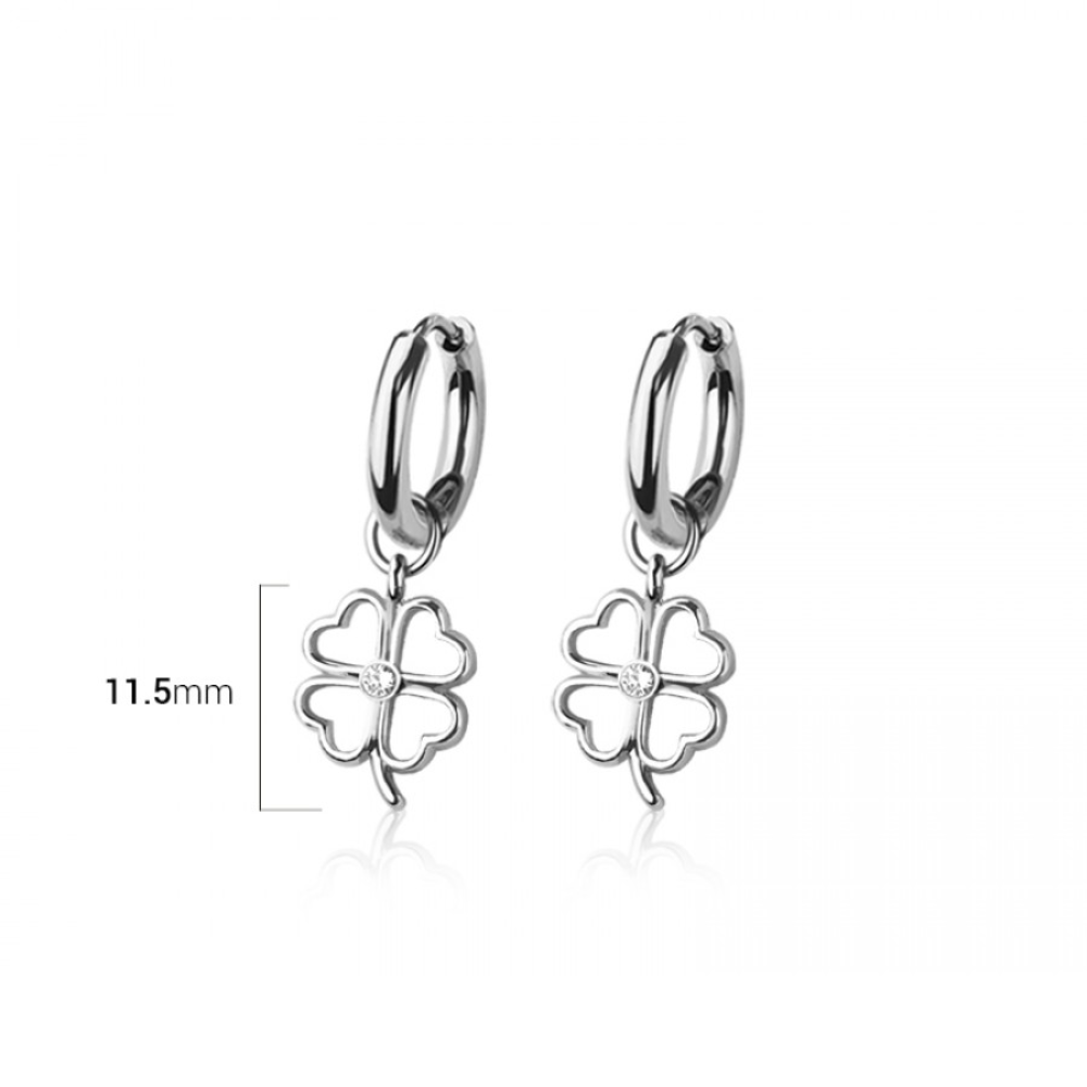 CZ Crystal Center Shamrock Outline Dangling Huggie Hoop Earrings - Pair - 316L Stainless Steel