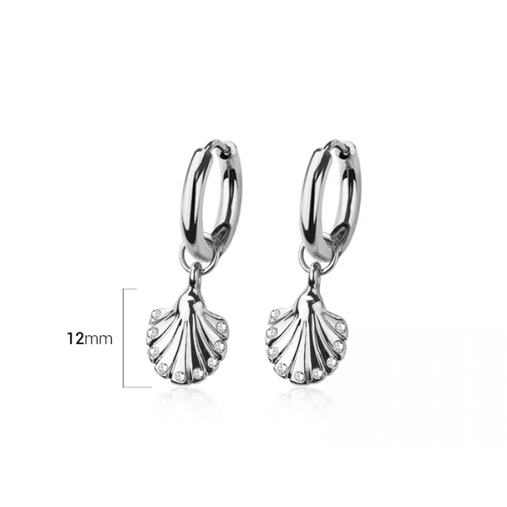 CZ Crystal Seashell Dangling Huggie Hoop Earrings - Pair - 316L Stainless Steel