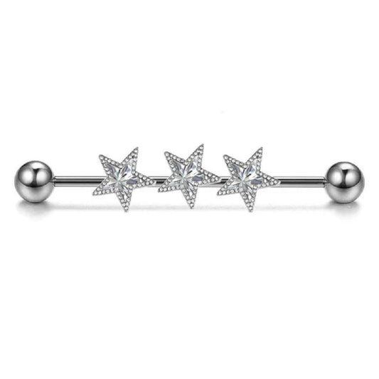 CZ Crystal Triple Stars Industrial Barbell - 316L Stainless Steel