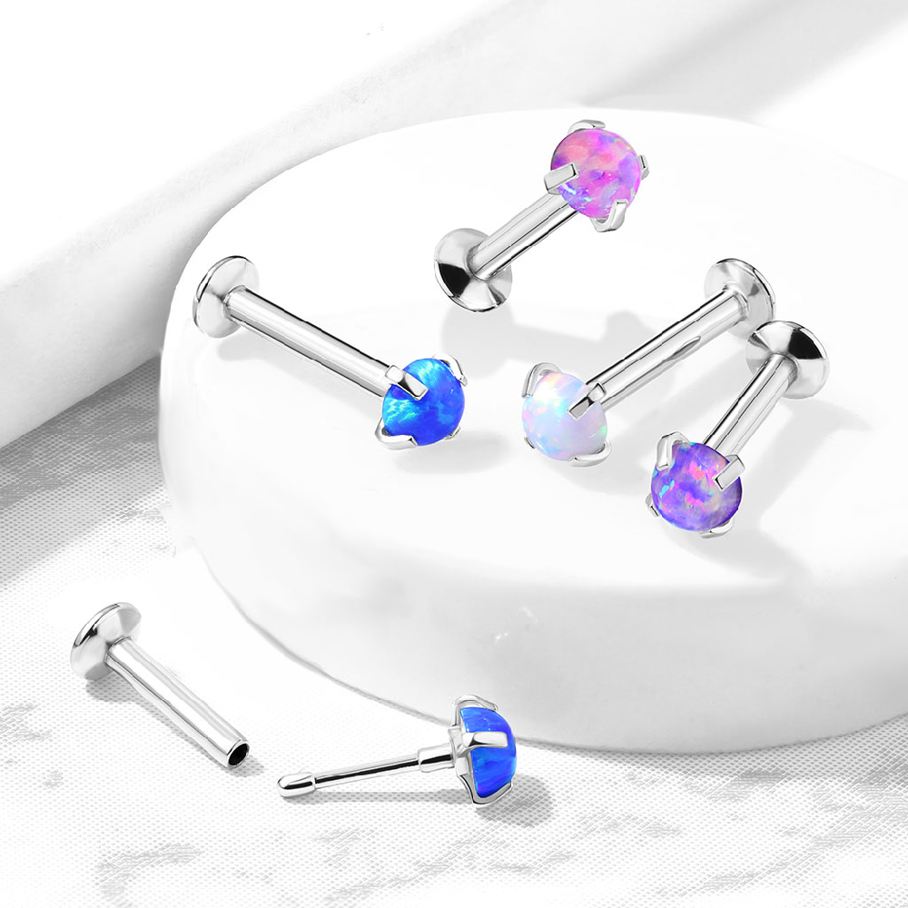 Synthetic Opal Threadless Push In Flat Back Labret Stud - Stainless Steel