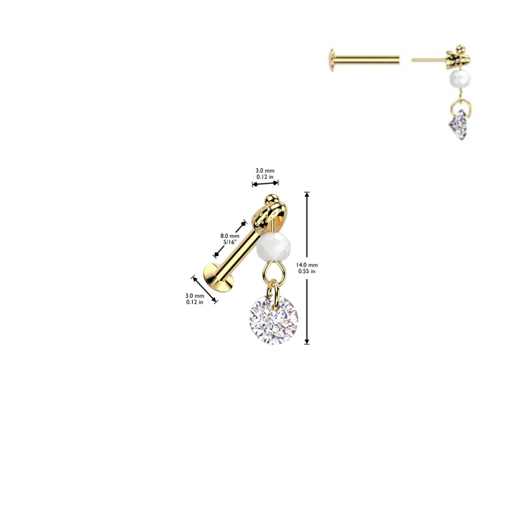 Threadless Push In Dangling Faux Pearl and Crystal Flat Back Stud - 316L Stainless Steel