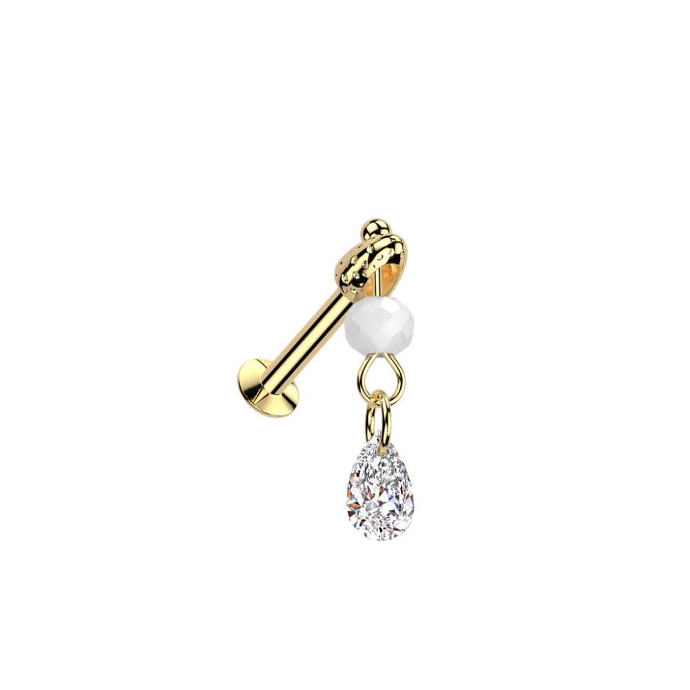 Threadless Push In Dangling Faux Pearl and Teardrop Shaped Crystal Flat Back Stud - 316L Stainless Steel