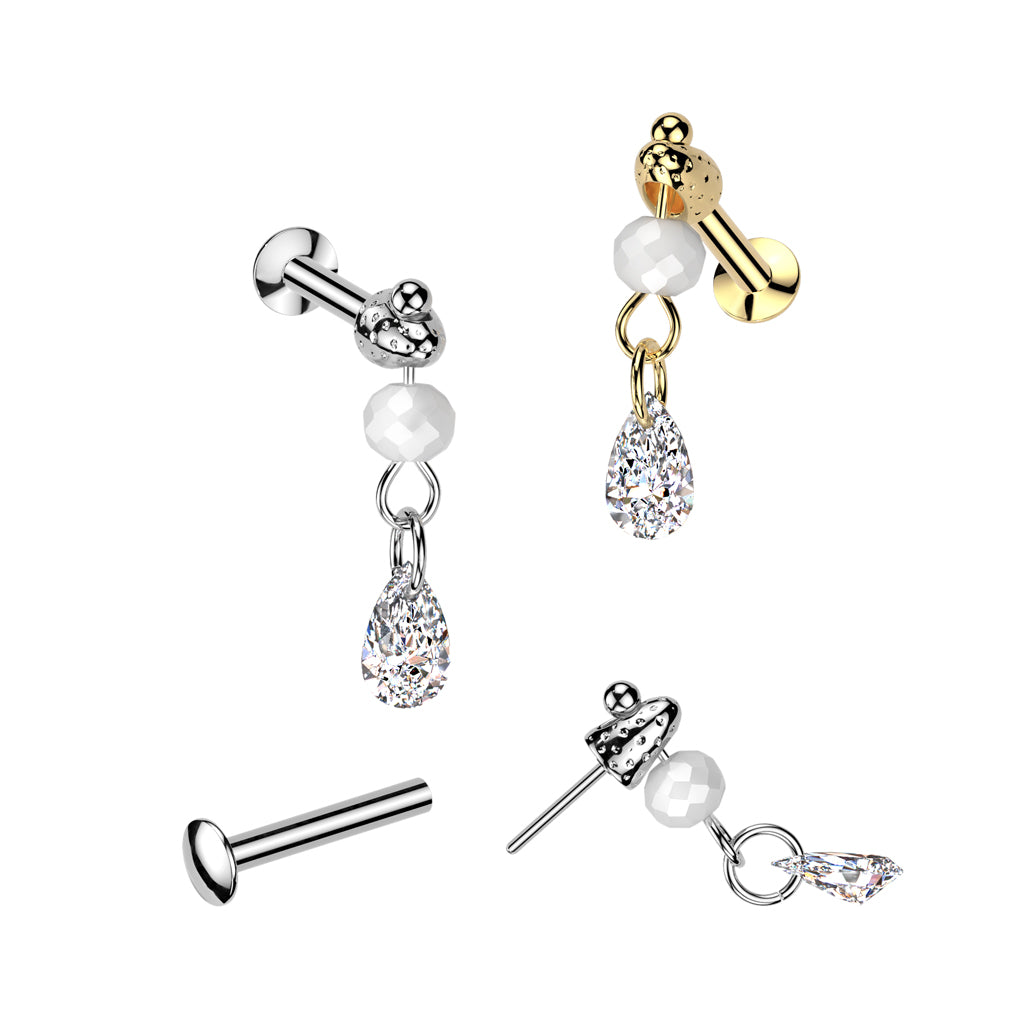 Threadless Push In Dangling Faux Pearl and Teardrop Shaped Crystal Flat Back Stud - 316L Stainless Steel