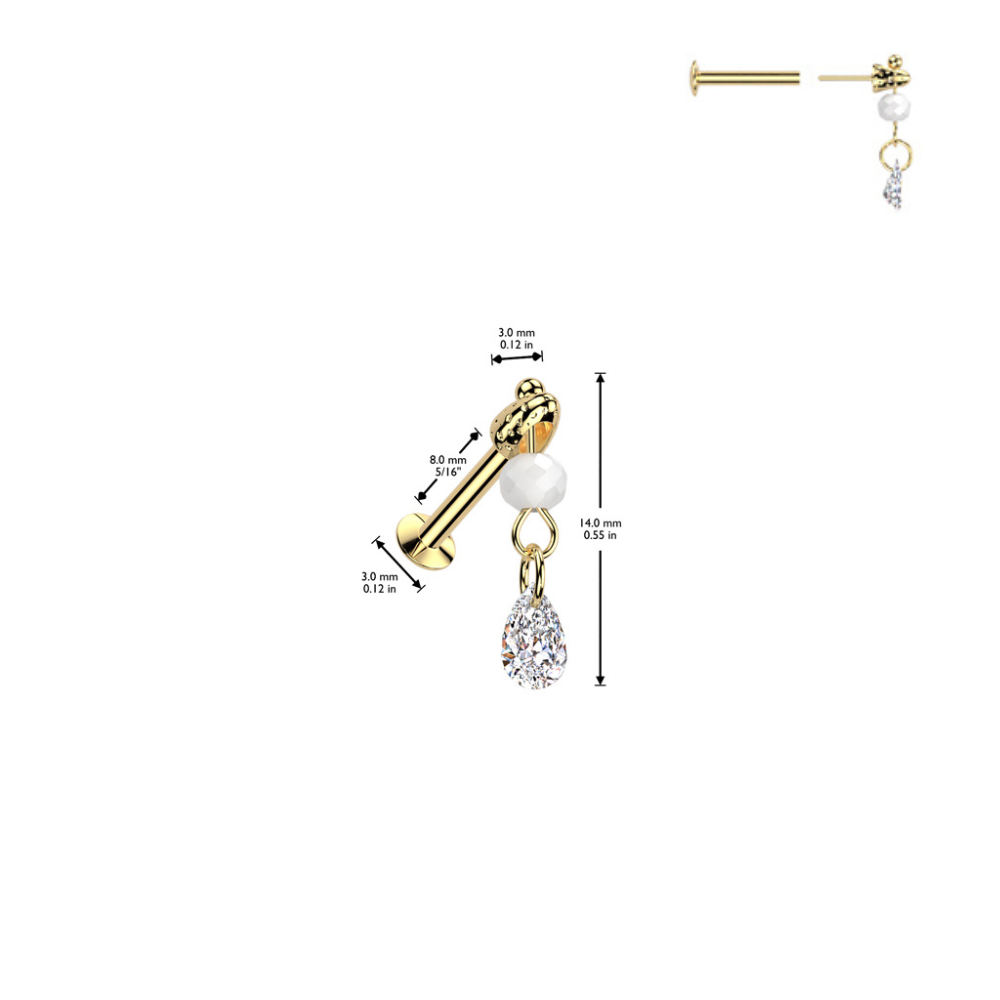 Threadless Push In Dangling Faux Pearl and Teardrop Shaped Crystal Flat Back Stud - 316L Stainless Steel