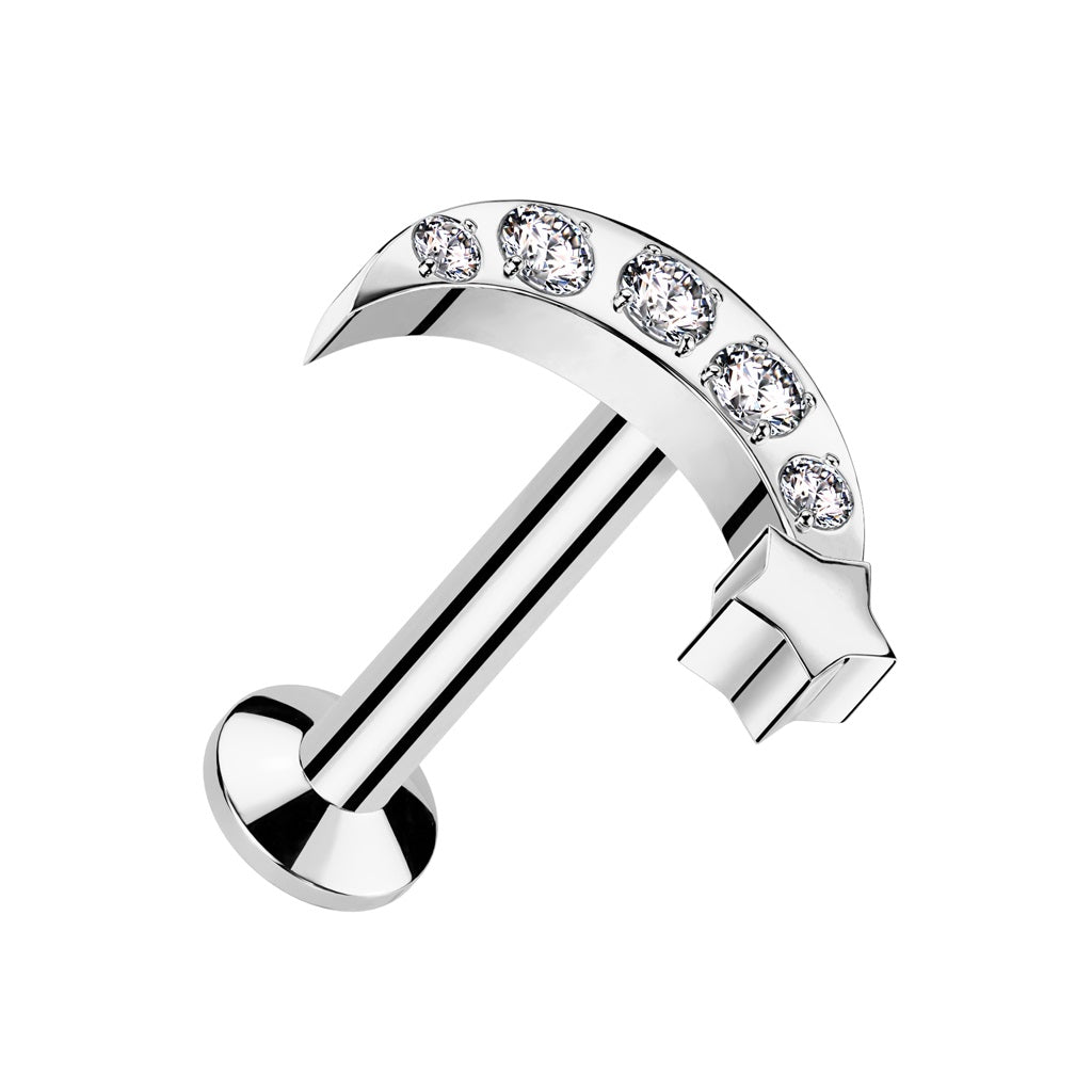 Threadless Push-In CZ Crystal Crescent Moon and Star Flat Back Stud - 316L Stainless Steel