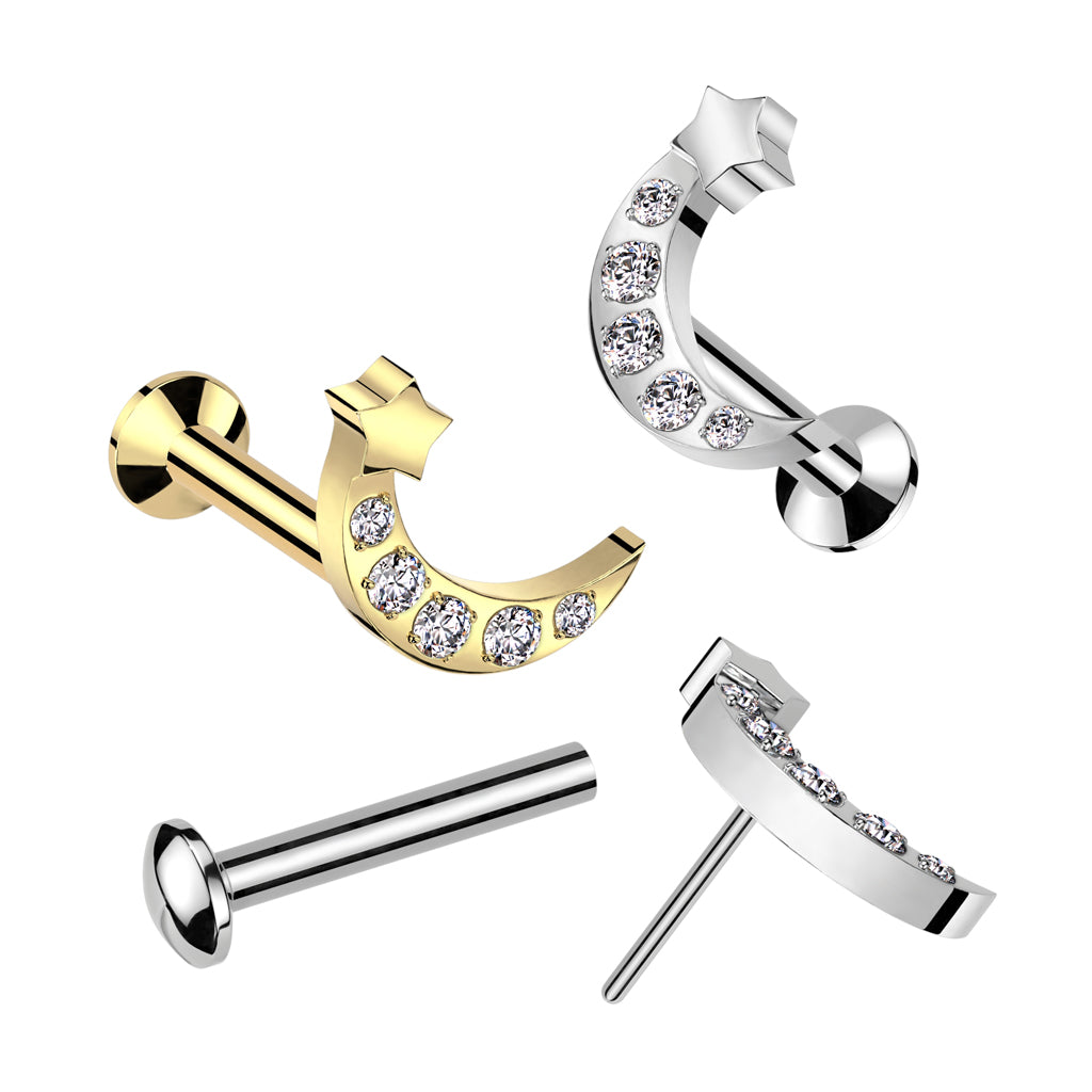 Threadless Push-In CZ Crystal Crescent Moon and Star Flat Back Stud - 316L Stainless Steel