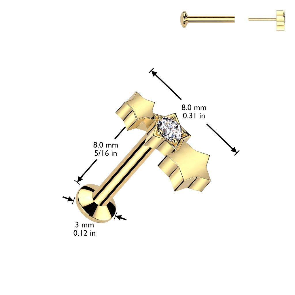 Threadless Push-In Triple Star with CZ Crystal Center Flat Back Stud - 316L Stainless Steel