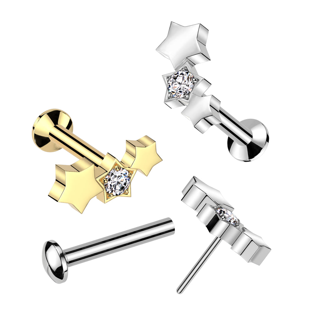 Threadless Push-In Triple Star with CZ Crystal Center Flat Back Stud - 316L Stainless Steel