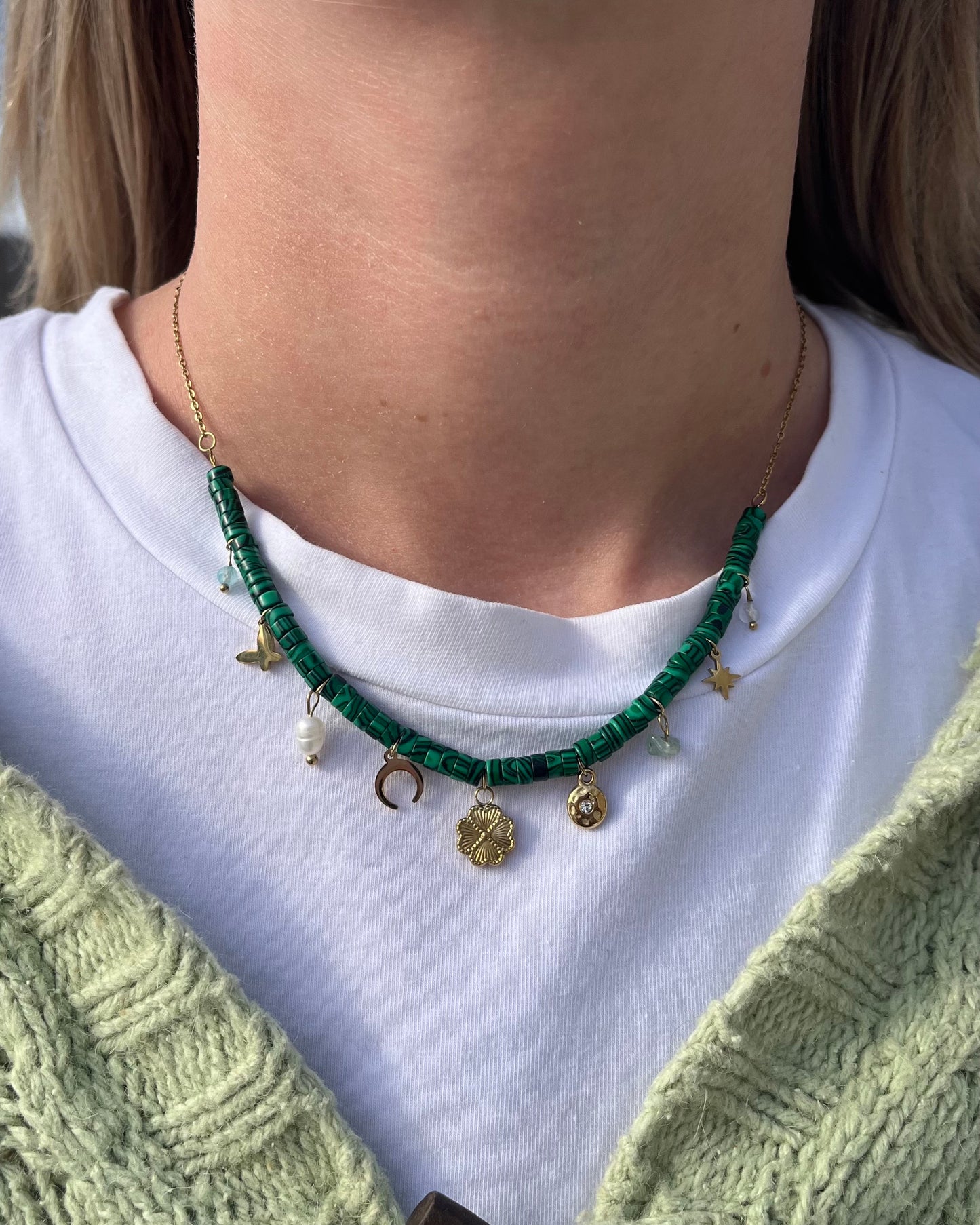 Green Malachite Rondelle Beaded Lucky Charm Necklace - 316L Stainless Steel
