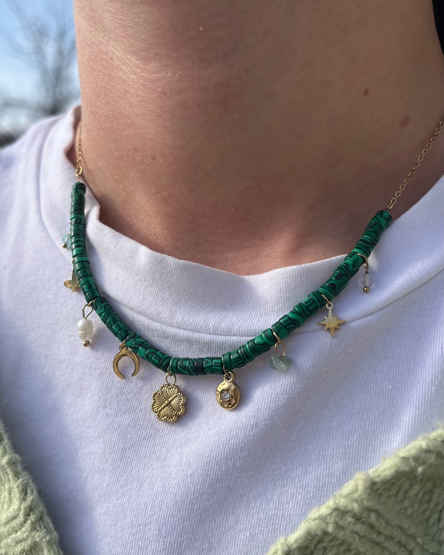 Green Malachite Rondelle Beaded Lucky Charm Necklace - 316L Stainless Steel