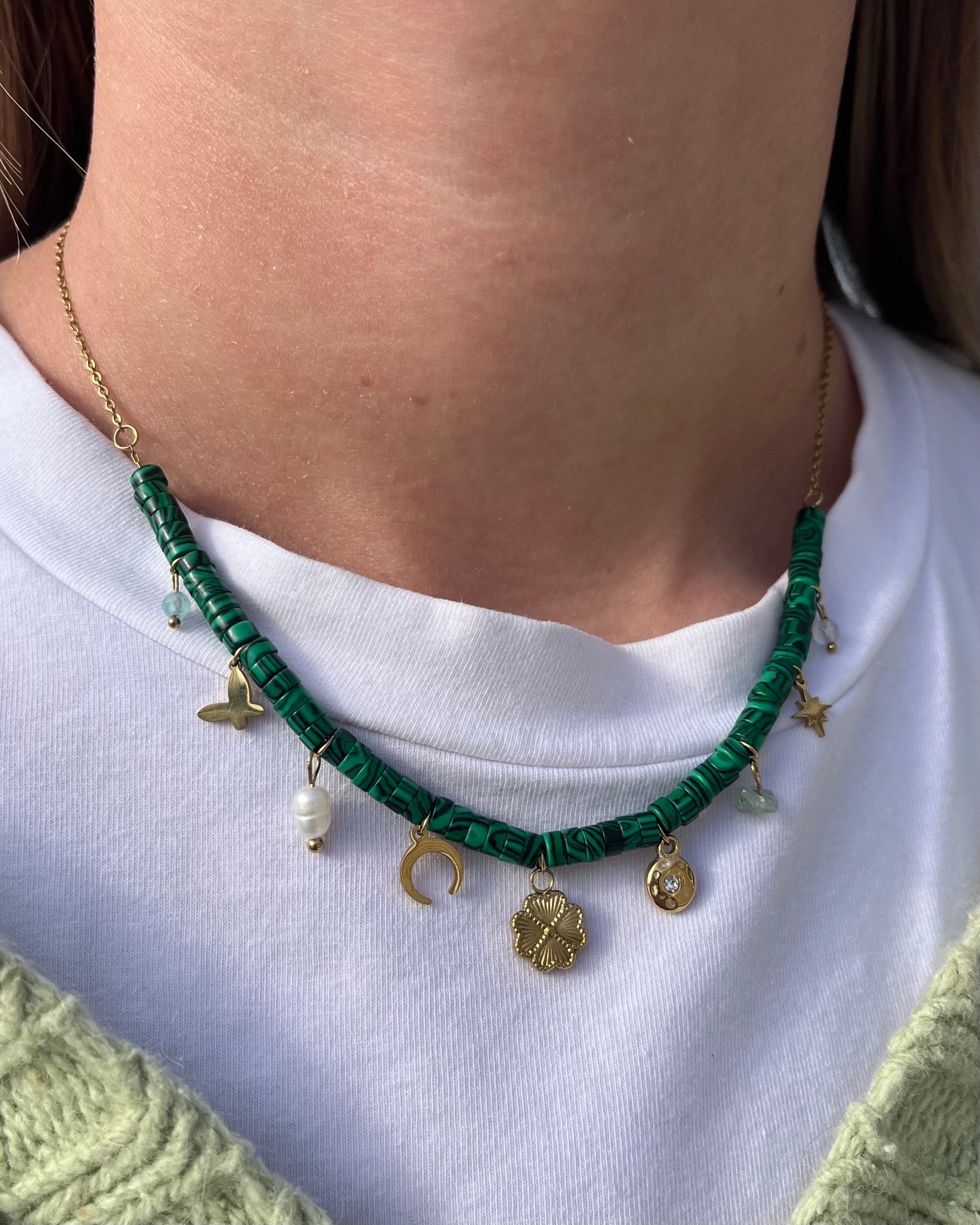 Green Malachite Rondelle Beaded Lucky Charm Necklace - 316L Stainless Steel