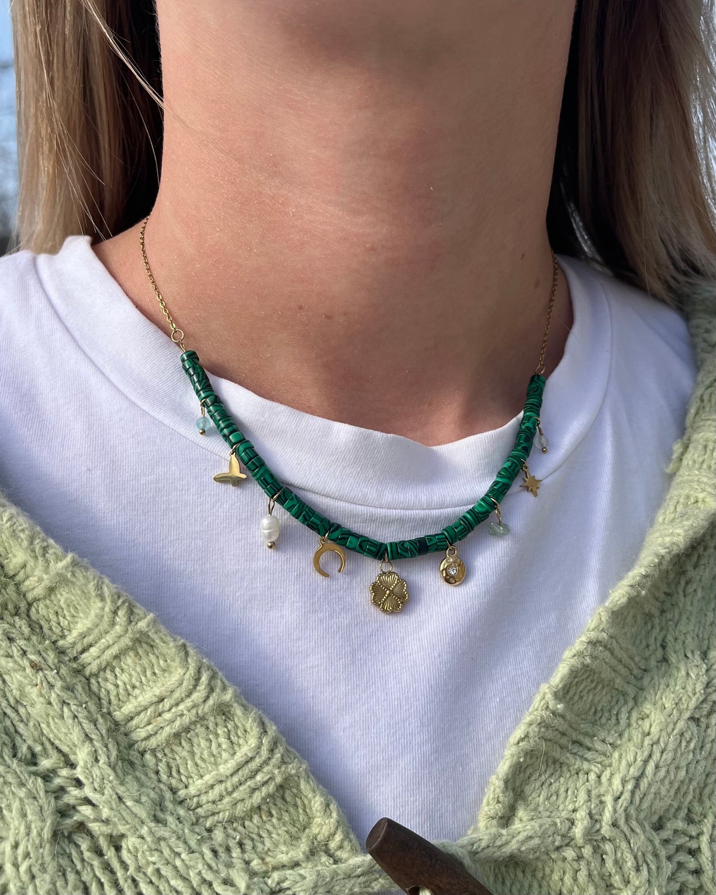 Green Malachite Rondelle Beaded Lucky Charm Necklace - 316L Stainless Steel