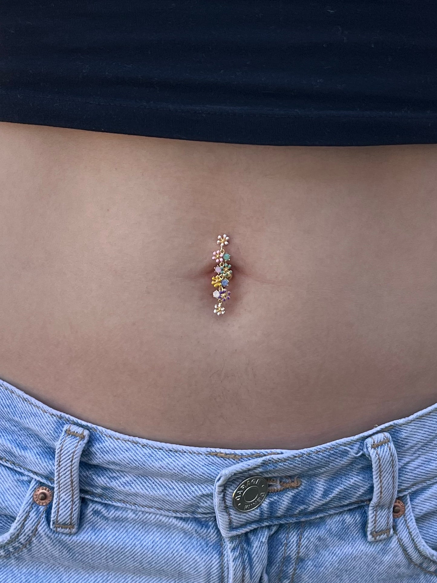 Dangling Flowers with Opalite Crystals Top Down Belly Button Ring - 316L Stainless Steel