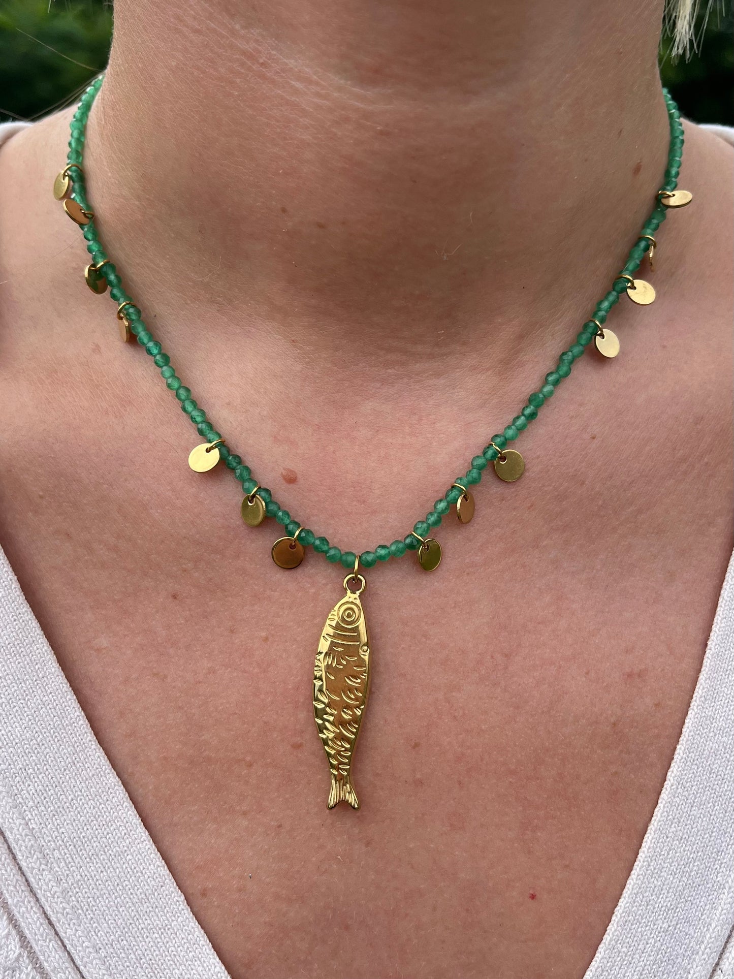 Green Beaded Fish Charm Necklace
