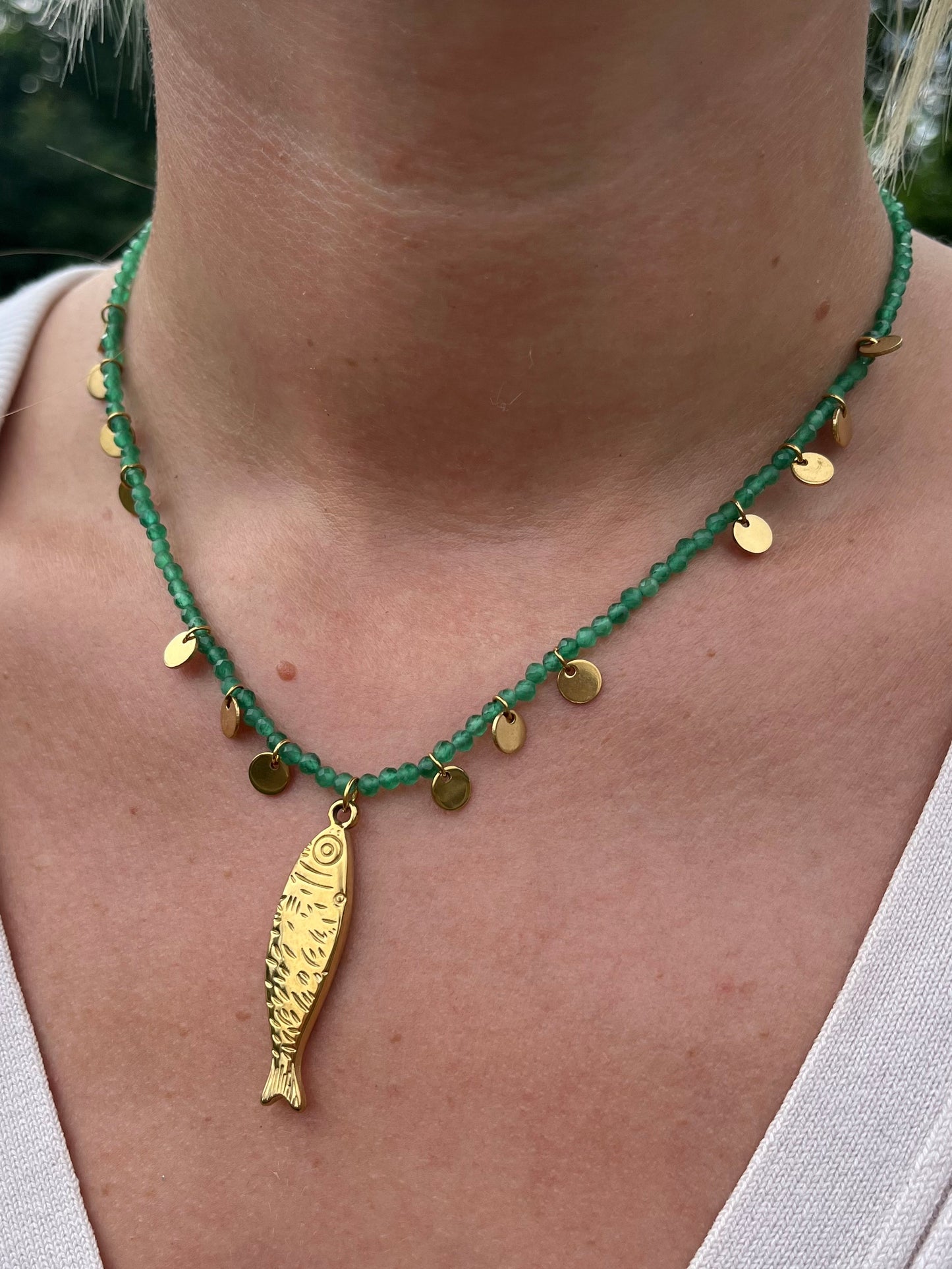 Green Beaded Fish Charm Necklace