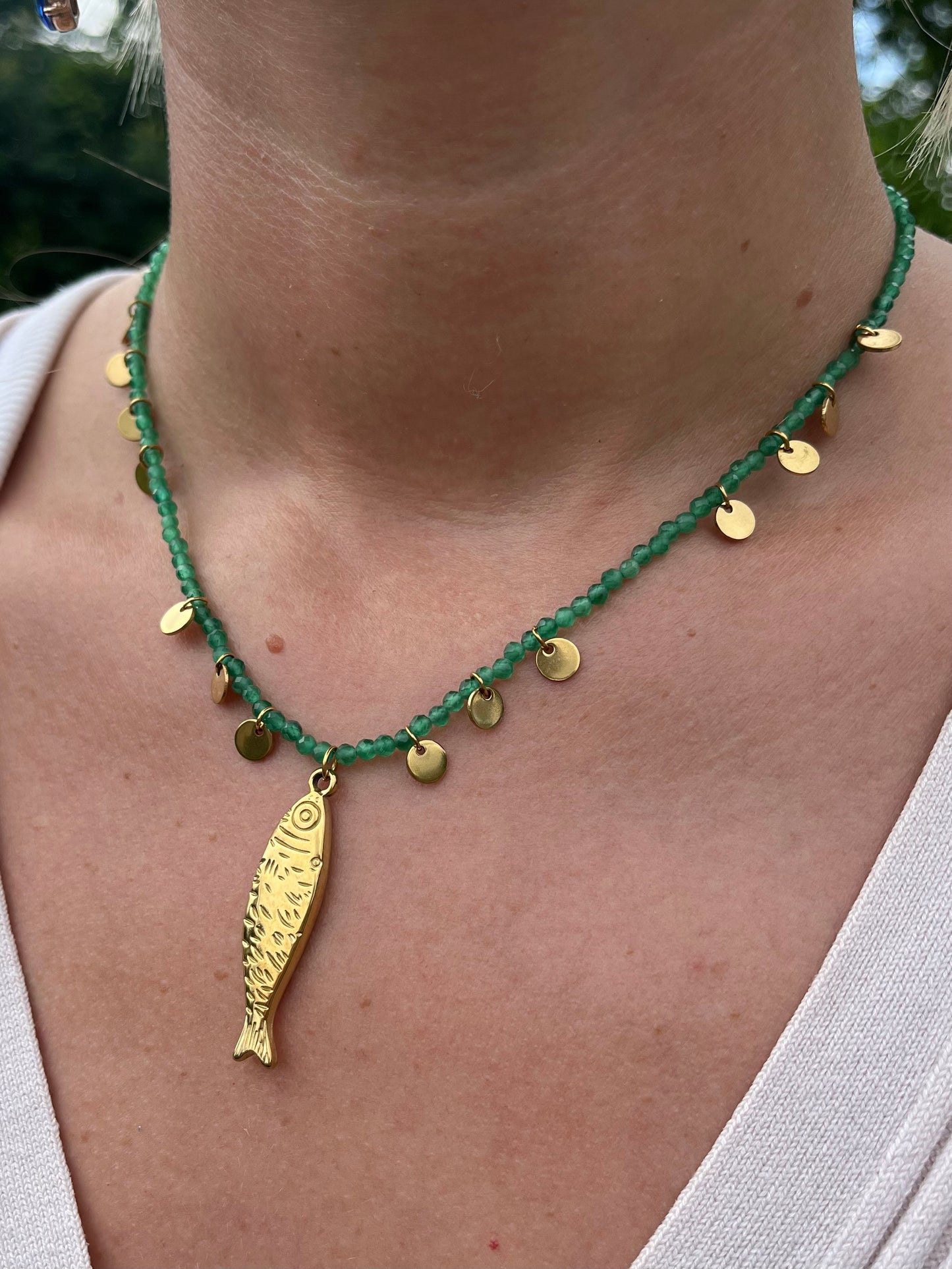 Green Beaded Fish Charm Necklace