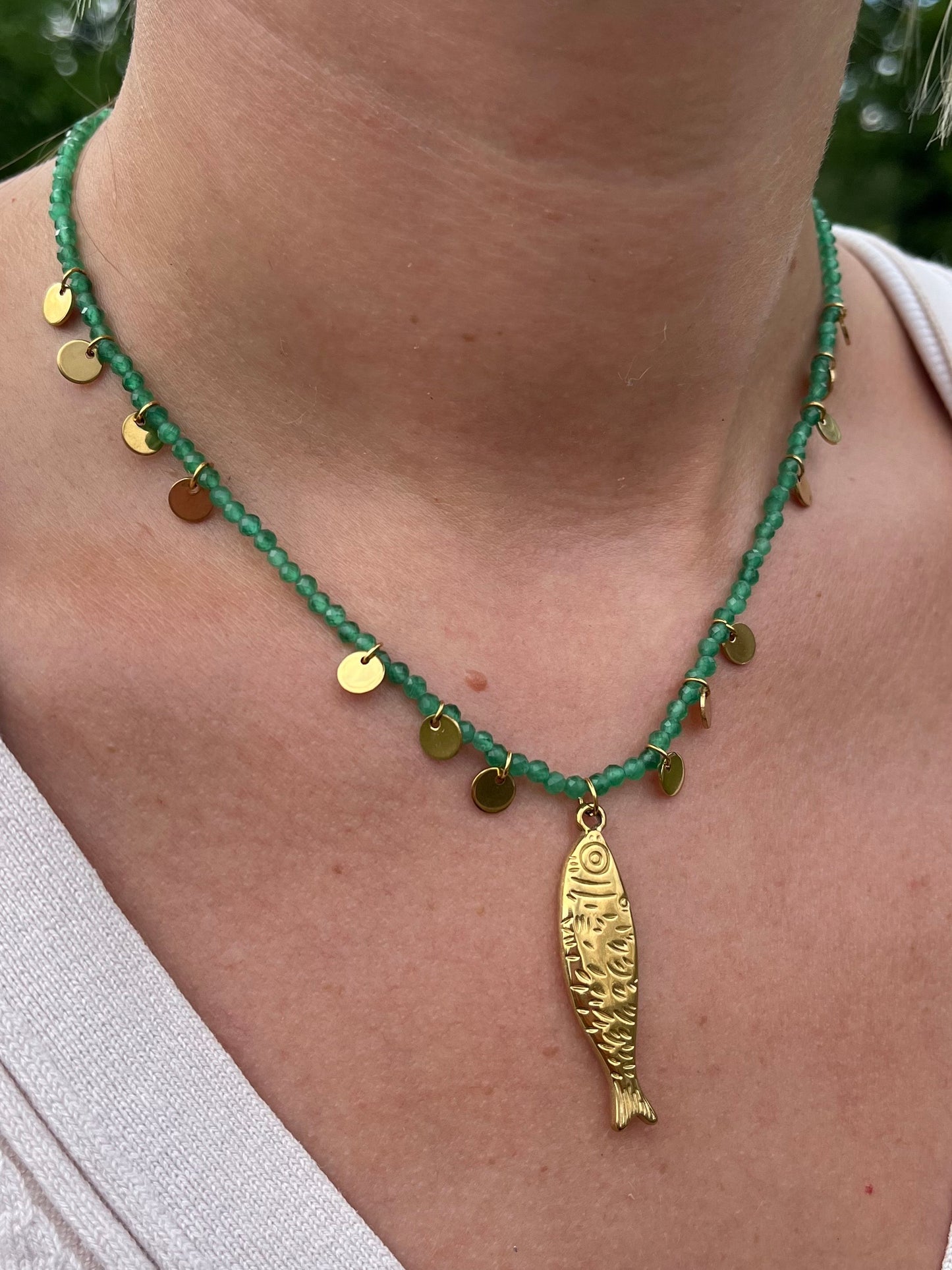 Green Beaded Fish Charm Necklace