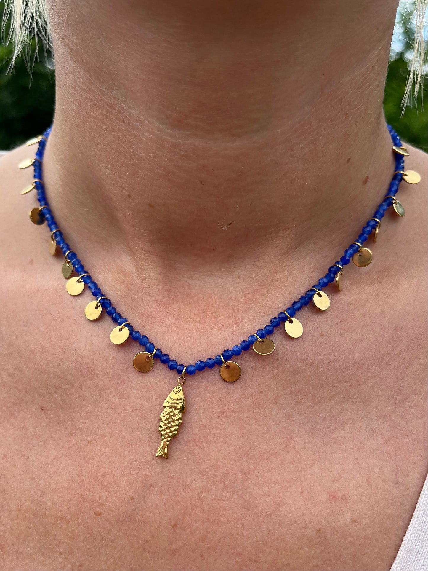 Blue Beaded Fish Charm Necklace