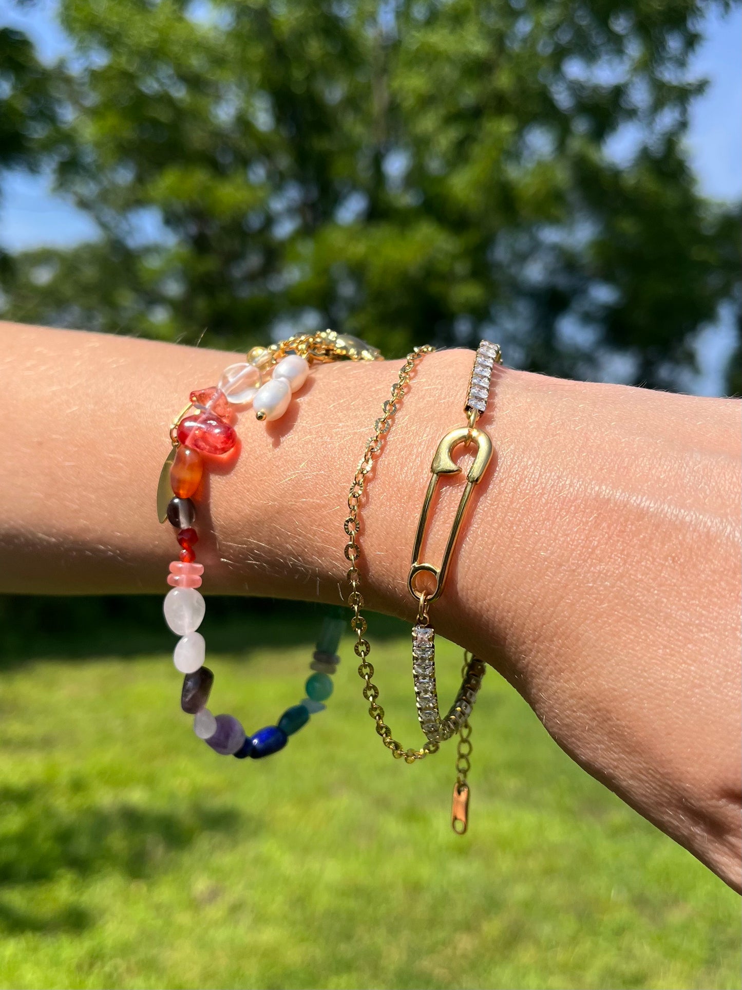 Rainbow Beaded Bracelet with Dangling Sun and Synthetic Pearl Charms - Gold Plated Stainless Steel