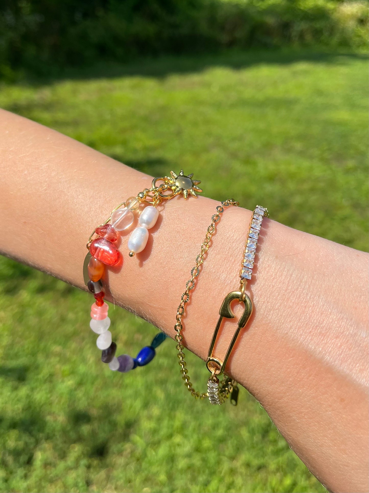 Rainbow Beaded Bracelet with Dangling Sun and Synthetic Pearl Charms - Gold Plated Stainless Steel