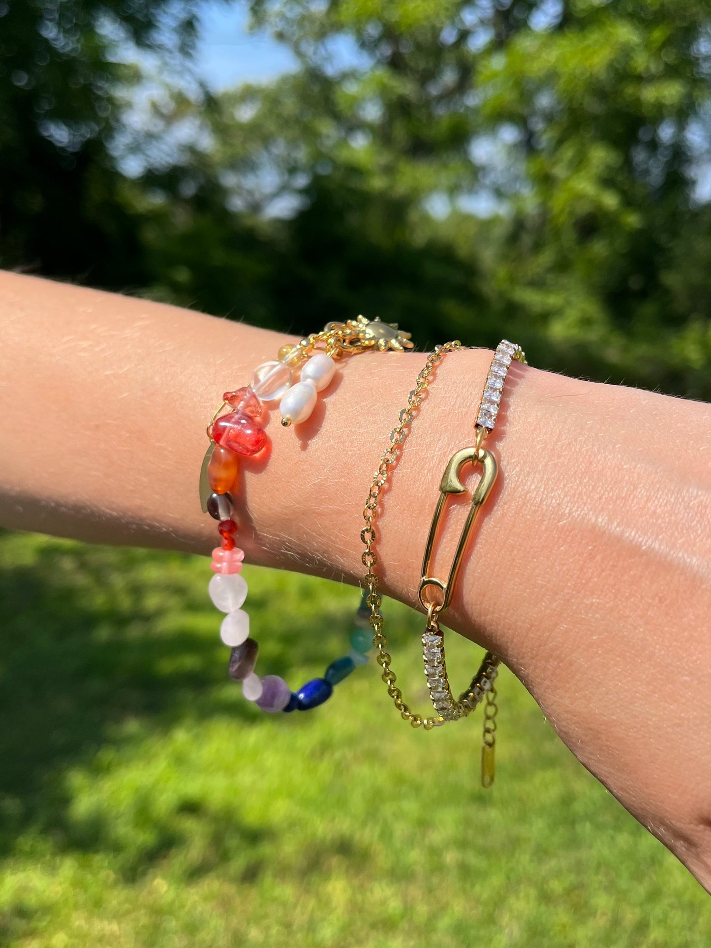 Rainbow Beaded Bracelet with Dangling Sun and Synthetic Pearl Charms - Gold Plated Stainless Steel
