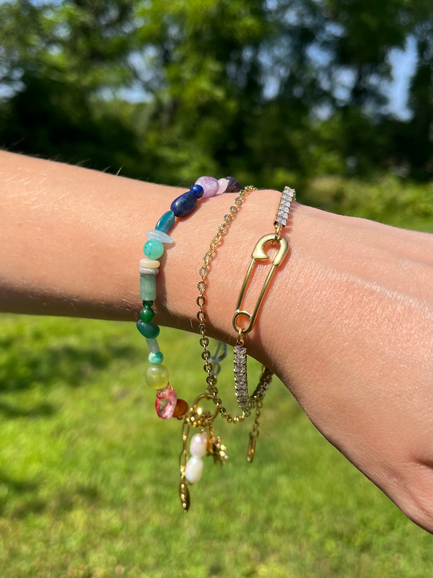 Rainbow Beaded Bracelet with Dangling Sun and Synthetic Pearl Charms - Gold Plated Stainless Steel
