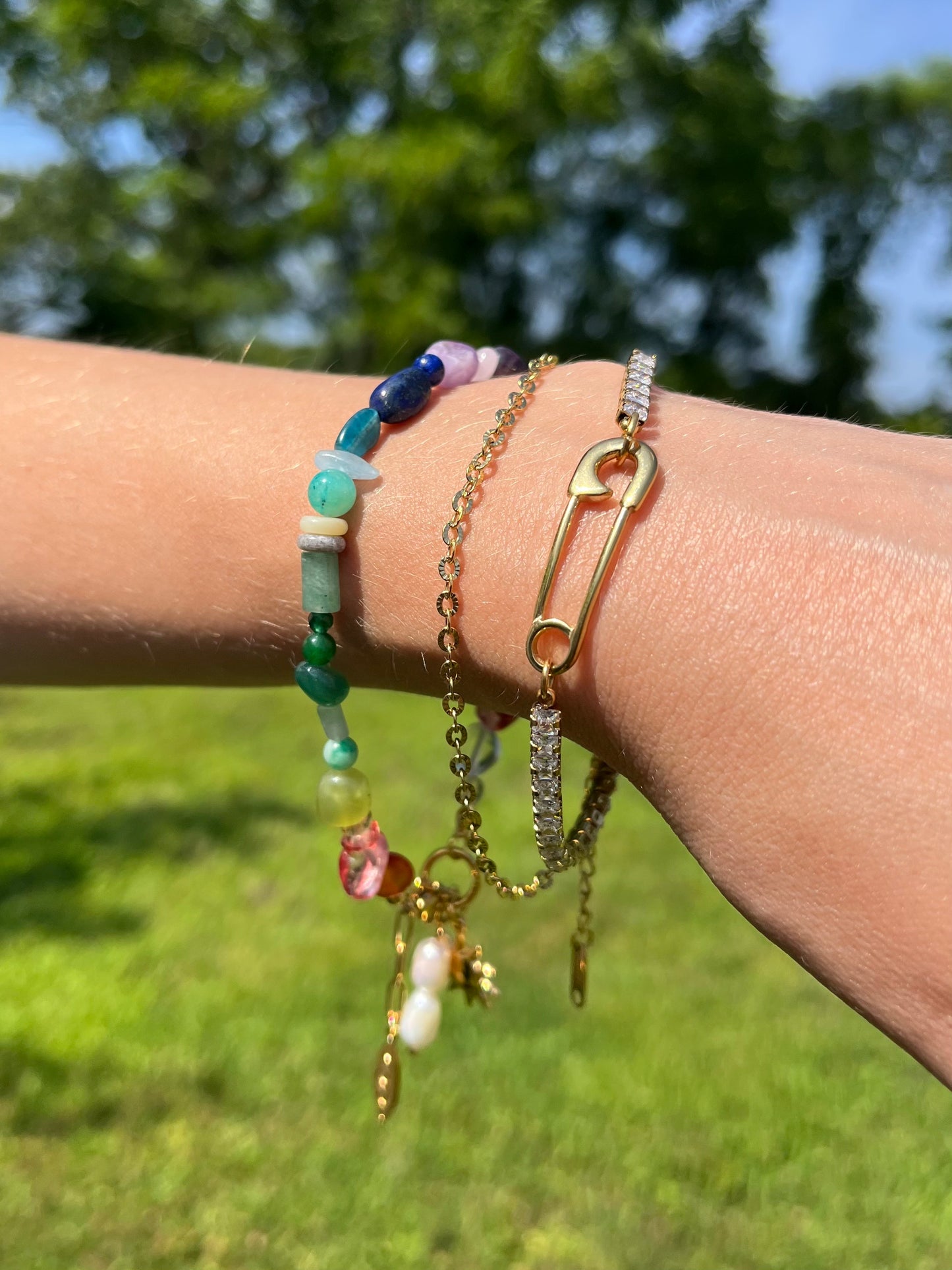 Rainbow Beaded Bracelet with Dangling Sun and Synthetic Pearl Charms - Gold Plated Stainless Steel