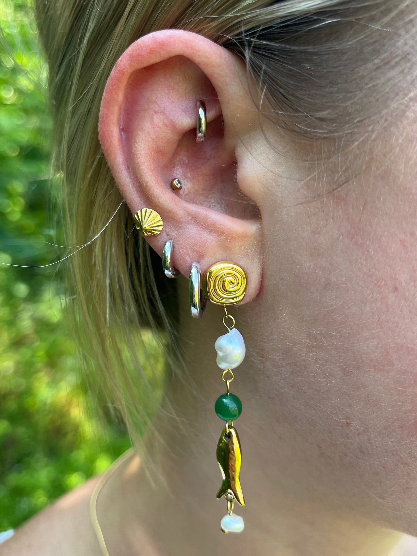 Synthetic Pearl, Green Bead, and Fish Charm Drop Earrings - Pair - Gold Plated Stainless Steel