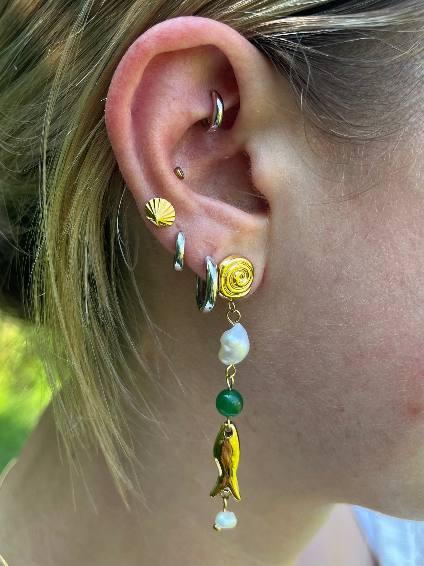 Synthetic Pearl, Green Bead, and Fish Charm Drop Earrings - Pair - Gold Plated Stainless Steel