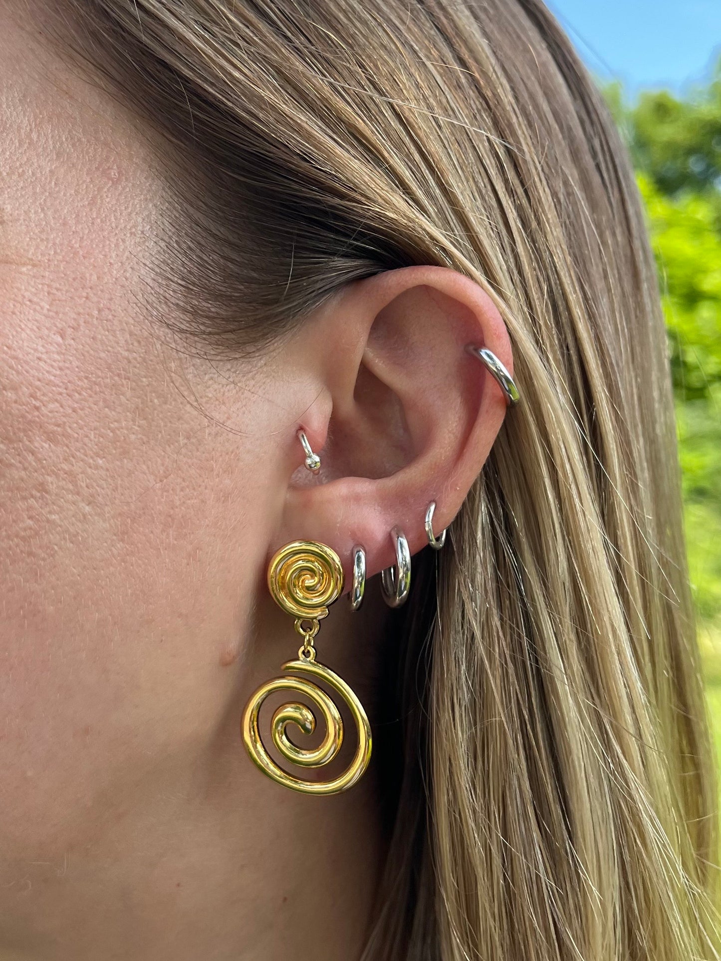 Double Spiral Dangling Earrings - Pair - Gold Plated Stainless Steel