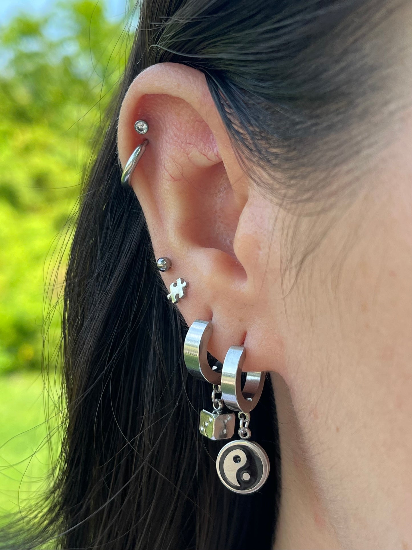 Yin Yang Dangling Huggie Hoop Earrings - Pair - 316L Stainless Steel