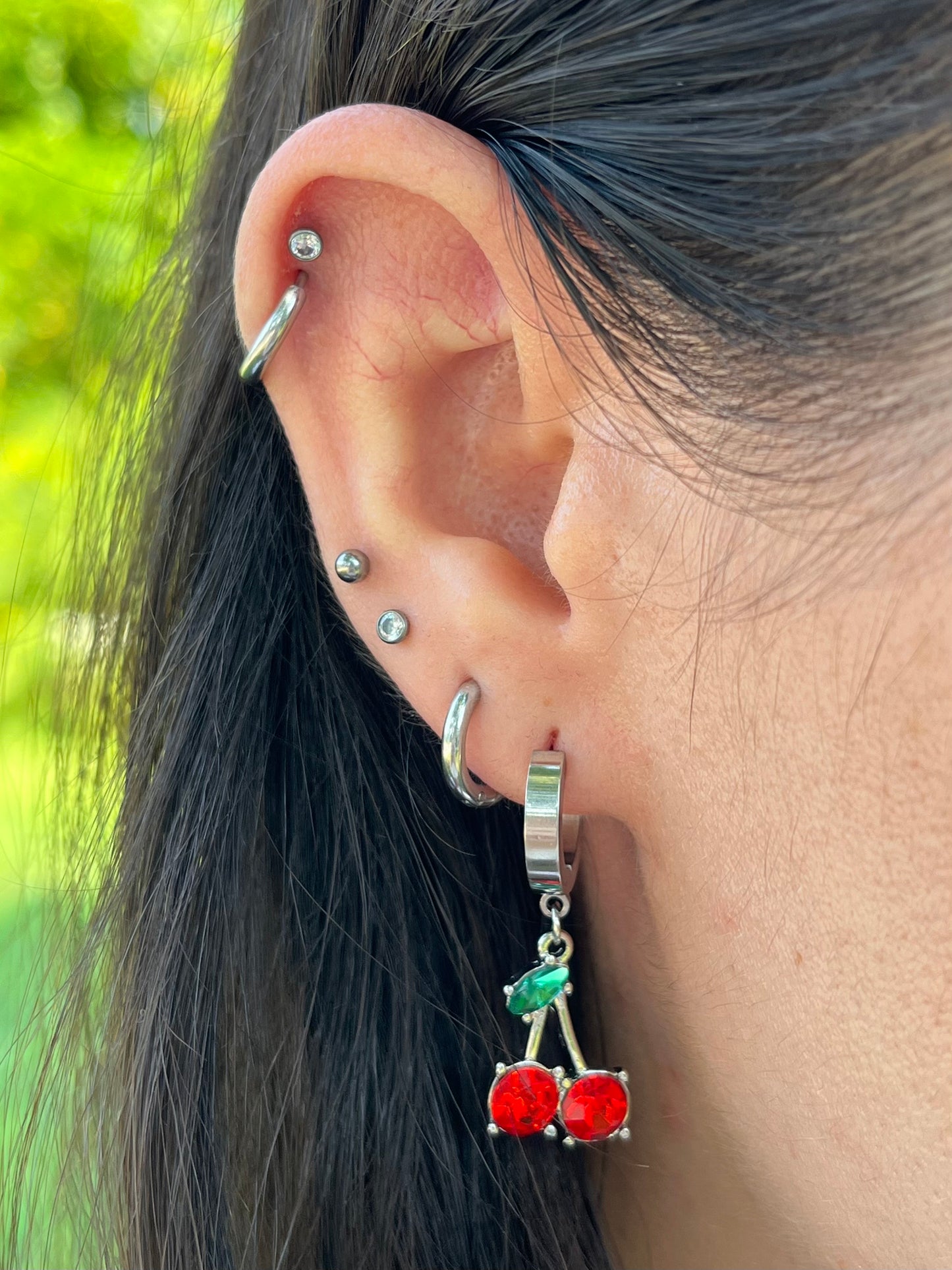 CZ Crystal Cherry Dangling Huggie Hoop Earrings - Pair - 316L Stainless Steel