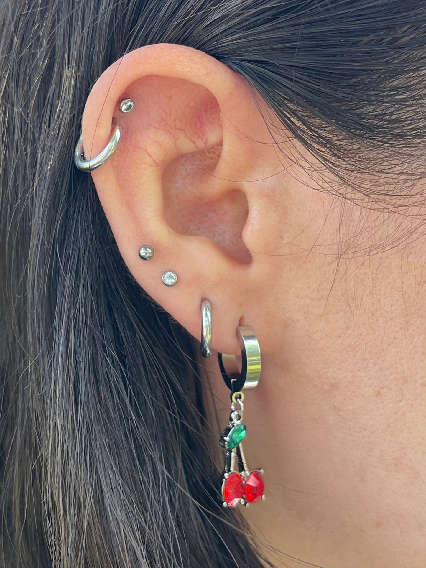 CZ Crystal Cherry Dangling Huggie Hoop Earrings - Pair - 316L Stainless Steel