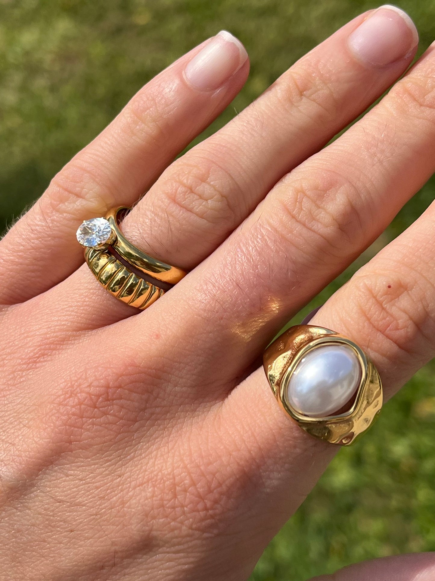 Sideways Oval Crystal Double Band Adjustable Ring - 18k Gold Plated Stainless Steel