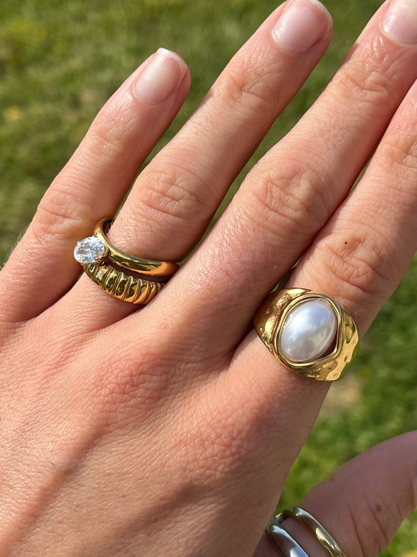 Sideways Oval Crystal Double Band Adjustable Ring - 18k Gold Plated Stainless Steel