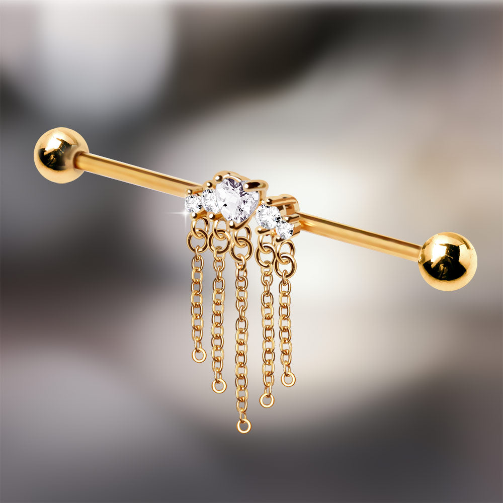 Multi Gems with Dangling Chains Industrial Barbell - Gold Plated 316L Stainless Steel