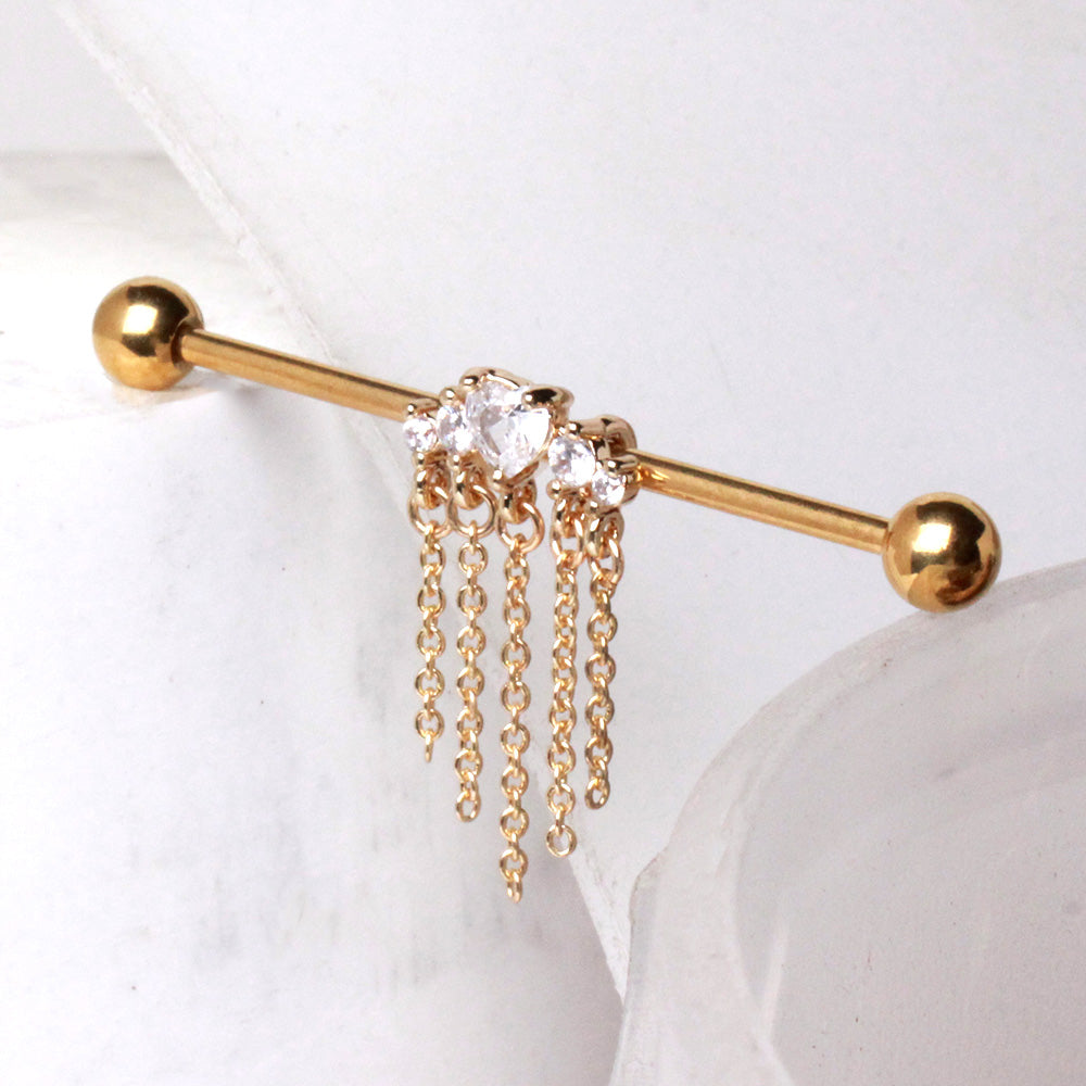 Multi Gems with Dangling Chains Industrial Barbell - Gold Plated 316L Stainless Steel