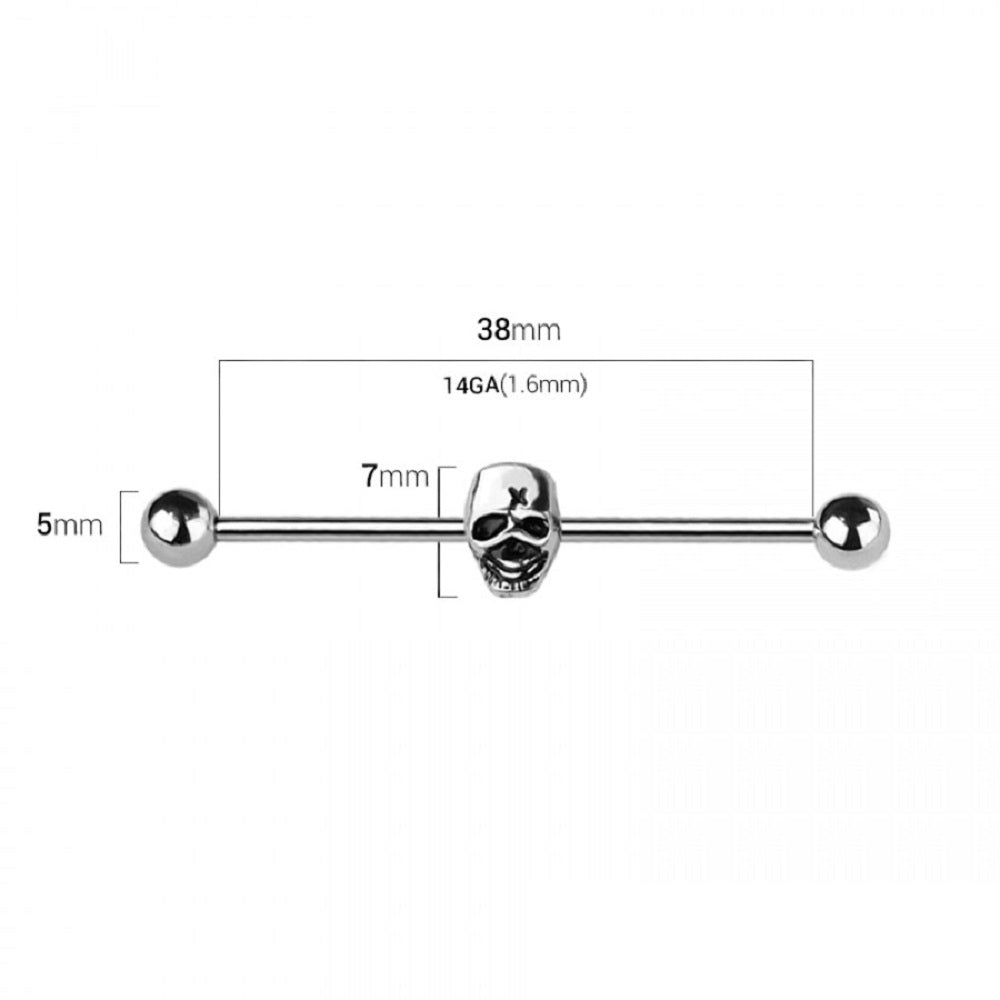Skull Head Industrial Barbell - 316L Stainless Steel