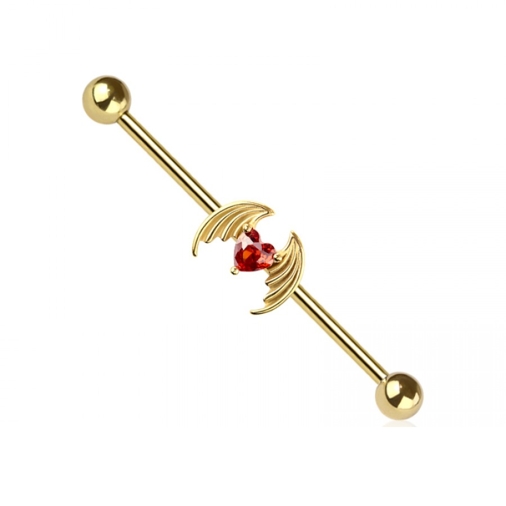 Winged CZ Crystal Heart Industrial Barbell - 316L Stainless Steel