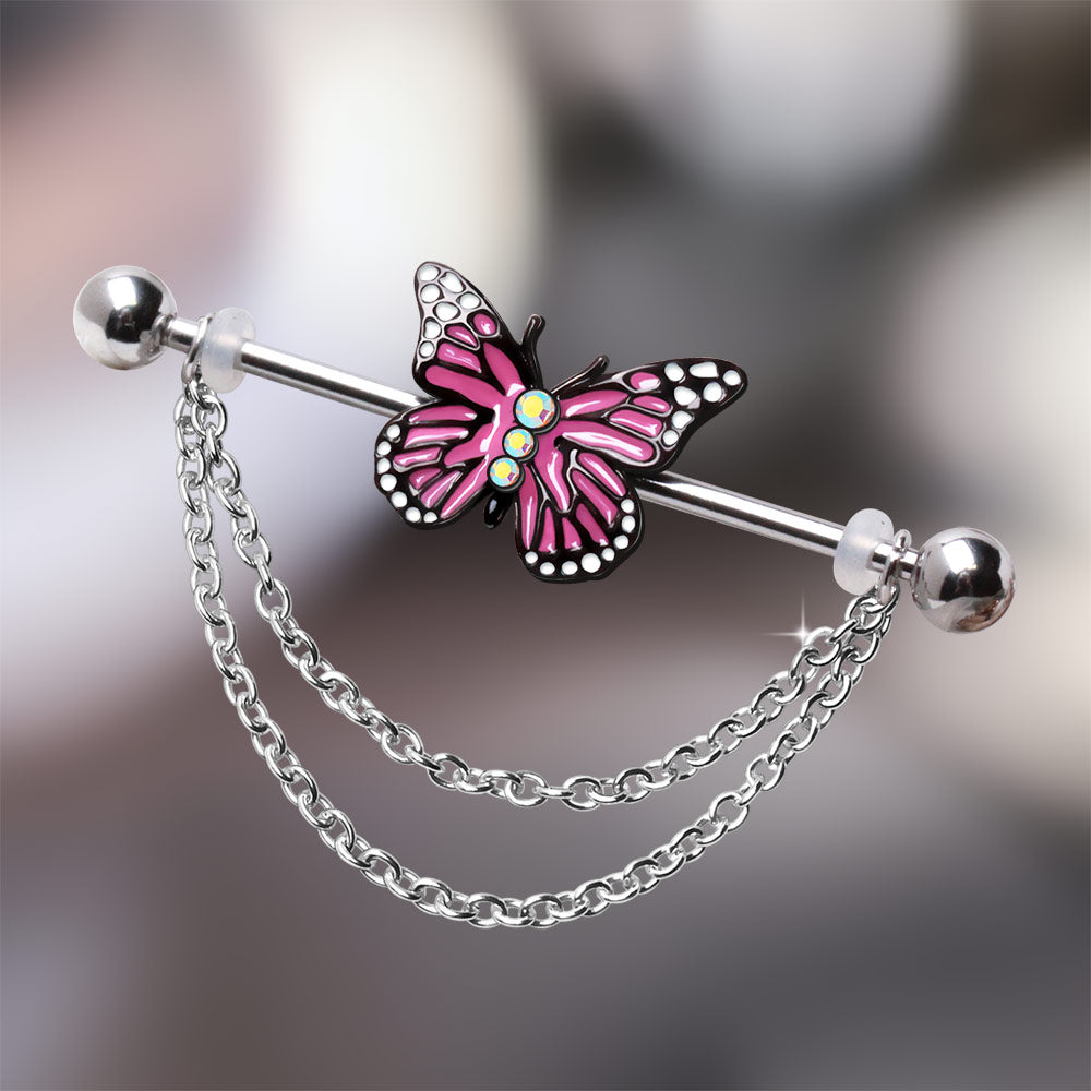 Double Chained Pink Butterfly Industrial Barbell - 316L Stainless Steel