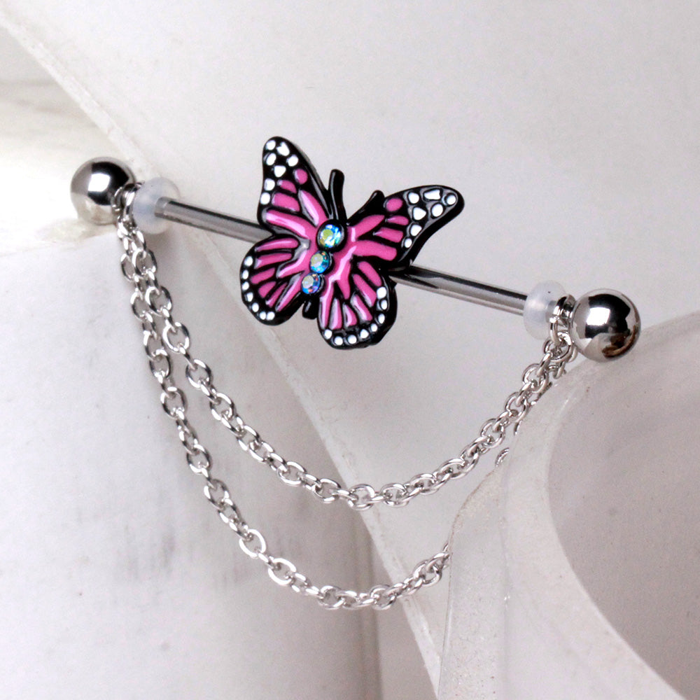 Double Chained Pink Butterfly Industrial Barbell - 316L Stainless Steel