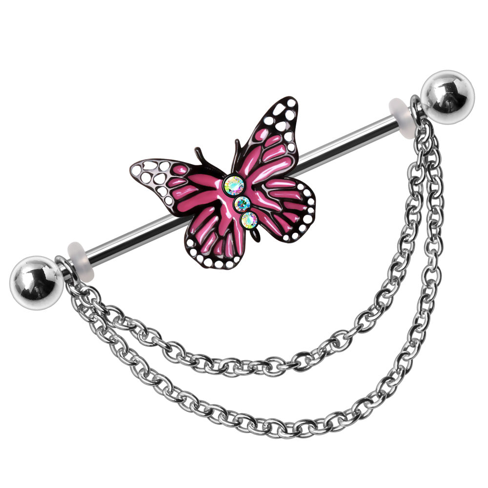 Double Chained Pink Butterfly Industrial Barbell - 316L Stainless Steel