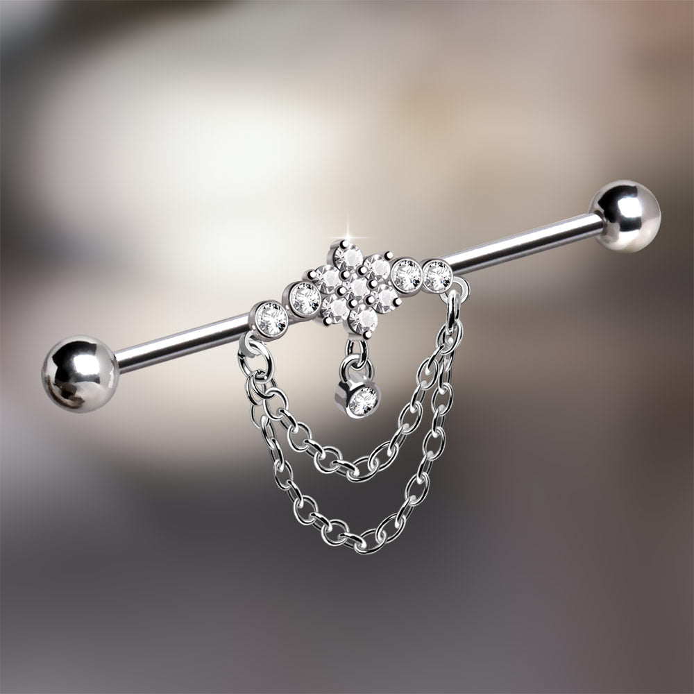 Double Chained Jeweled Tiara Industrial Barbell - 316L Stainless Steel