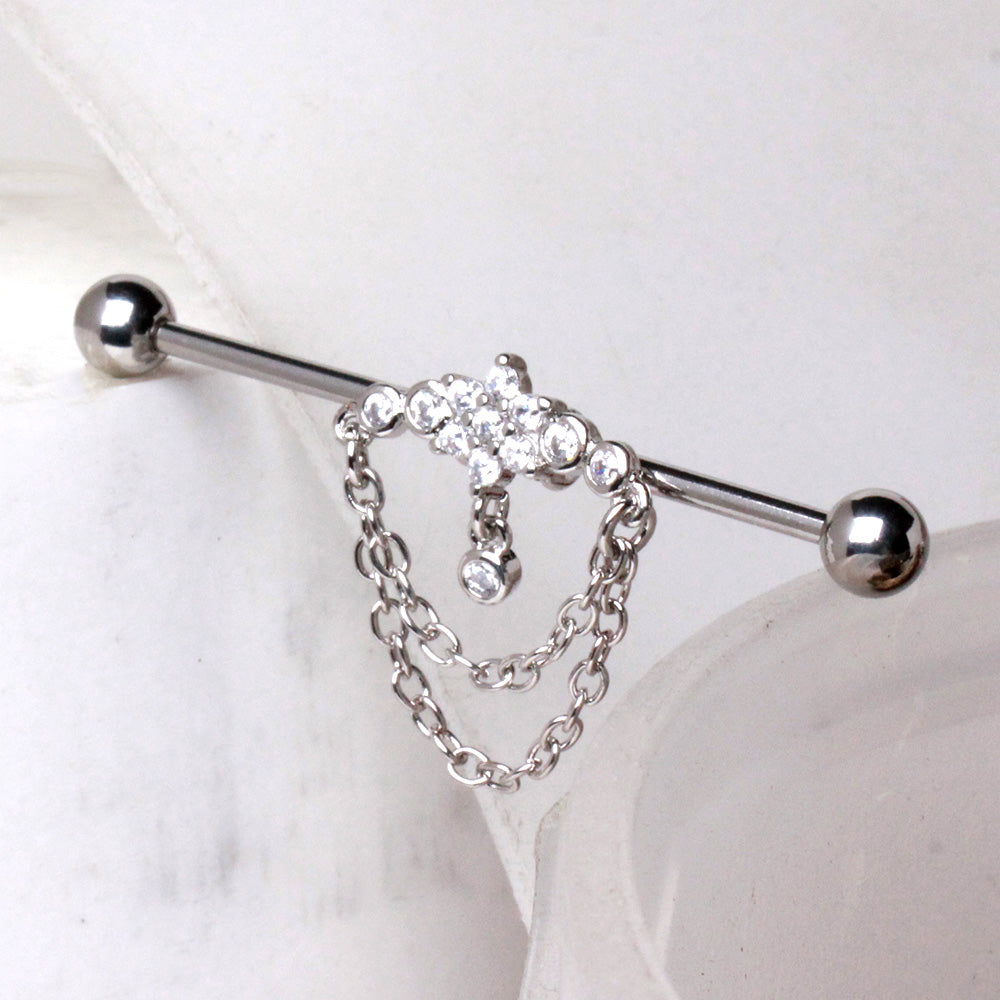 Double Chained Jeweled Tiara Industrial Barbell - 316L Stainless Steel