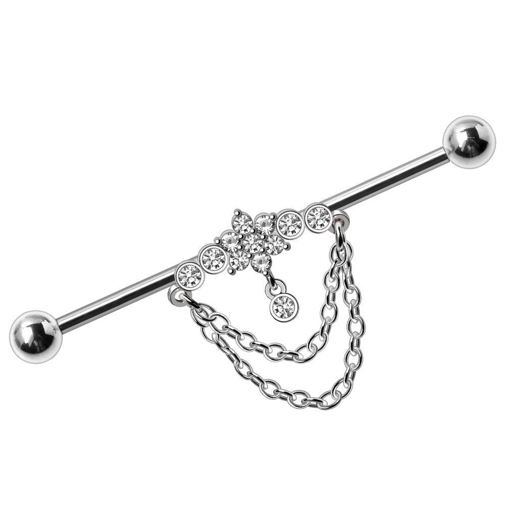 Double Chained Jeweled Tiara Industrial Barbell - 316L Stainless Steel